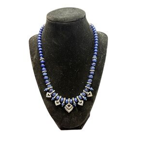 Avon Blue Cat’s eye and Silvertone  beaded Necklace with Statement Design NIB